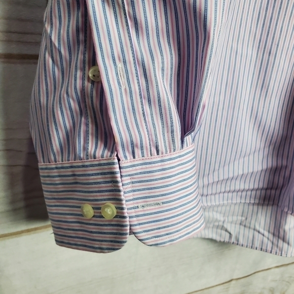 Chaps Non Iron Classic Fit Pink Blue Striped Button Down Dress Shirt Size 18 - Picture 3 of 10